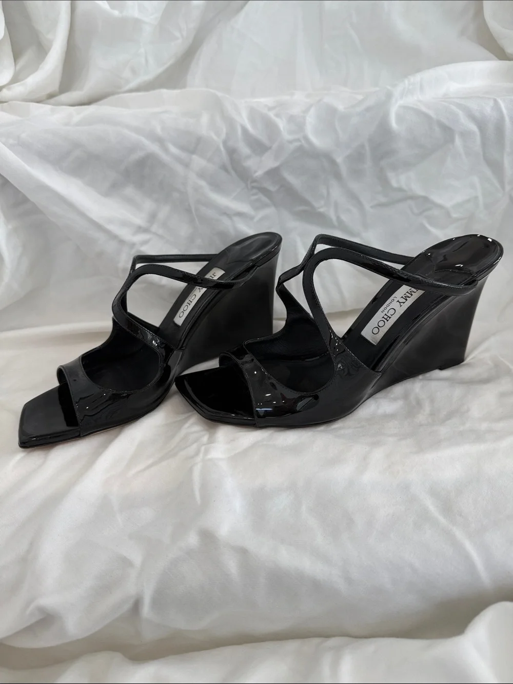 Jimmy Choo Black Patent Strappy Wedge Sandals
